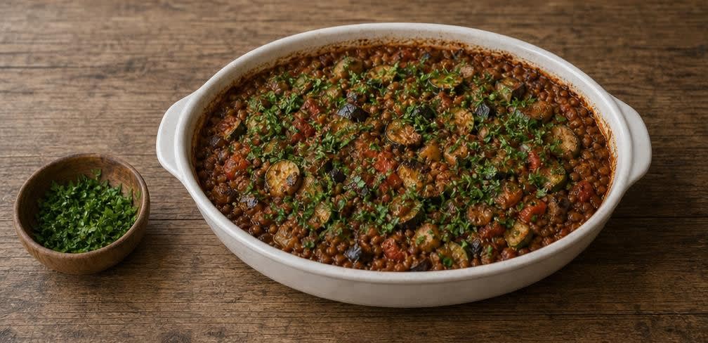 Überbackenes Ratatouille mit braunen Linsen – Zubereitung Schritt für Schritt – Anrichten