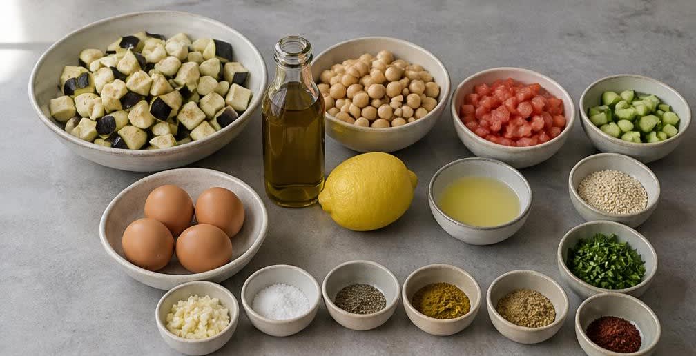 Israelische Sabich-Bowl mit gerösteter Aubergine und Ei – Zutaten