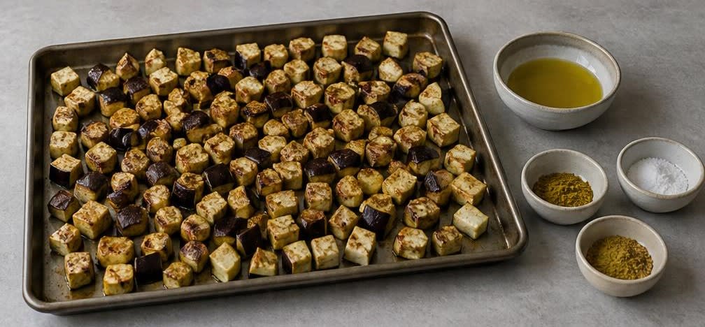 Israelische Sabich-Bowl mit gerösteter Aubergine und Ei – Zubereitung Schritt für Schritt – Aubergine vorbereiten