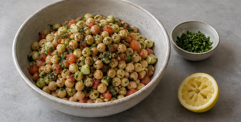 Israelische Sabich-Bowl mit gerösteter Aubergine und Ei – Zubereitung Schritt für Schritt – Salat anmachen