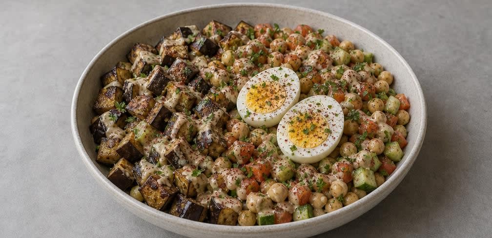 Israelische Sabich-Bowl mit gerösteter Aubergine und Ei – Zubereitung Schritt für Schritt – Anrichten
