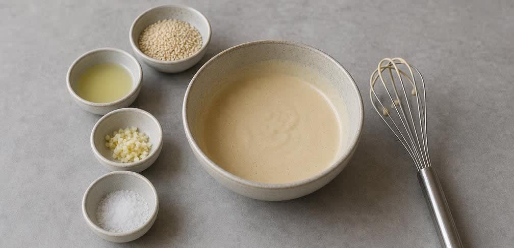 Israelische Sabich-Bowl mit gerösteter Aubergine und Ei – Zubereitung Schritt für Schritt – Dressing herstellen