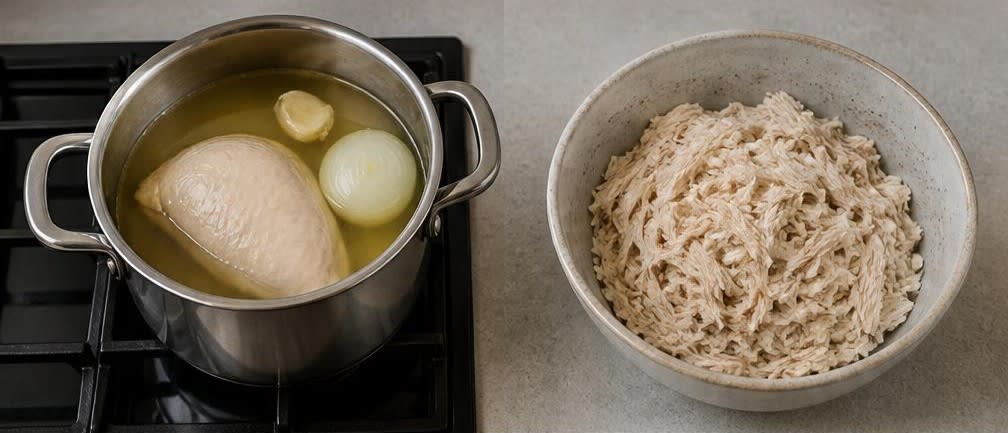 Persisches Tahchin mit Hähnchenbrust – Zubereitung Schritt für Schritt – Hähnchen kochen und zupfen
