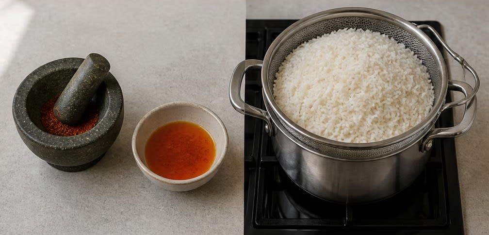Persisches Tahchin mit Hähnchenbrust – Zubereitung Schritt für Schritt – Safran und Reis vorbereiten