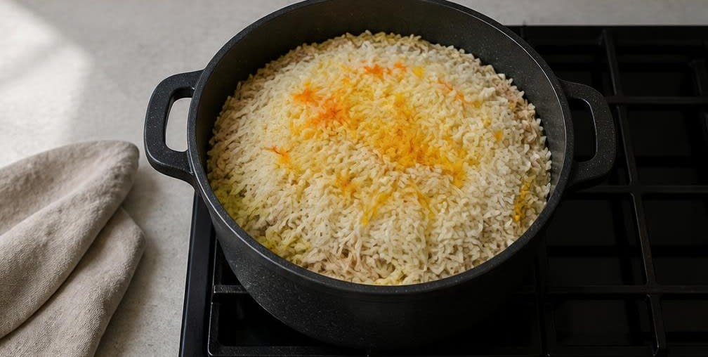 Persisches Tahchin mit Hähnchenbrust – Zubereitung Schritt für Schritt – Hähnchen und Reis schichten