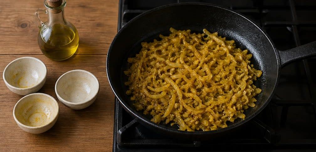 Ash-e Reshteh, Persische Kräuter- und Hülsenfrüchtesuppe – Zubereitung Schritt für Schritt – Zwiebel-Knoblauch anbraten