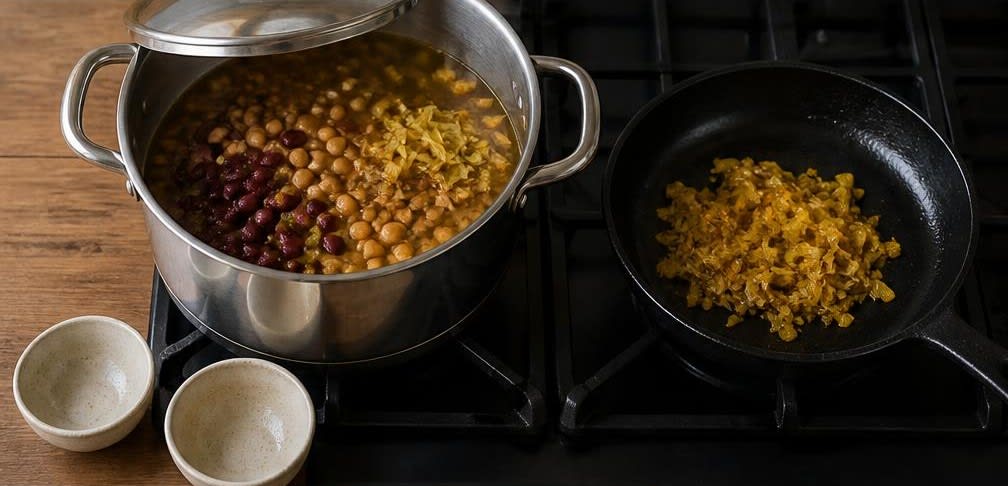 Ash-e Reshteh, Persische Kräuter- und Hülsenfrüchtesuppe – Zubereitung Schritt für Schritt – Hülsenfrüchte hinzufügen