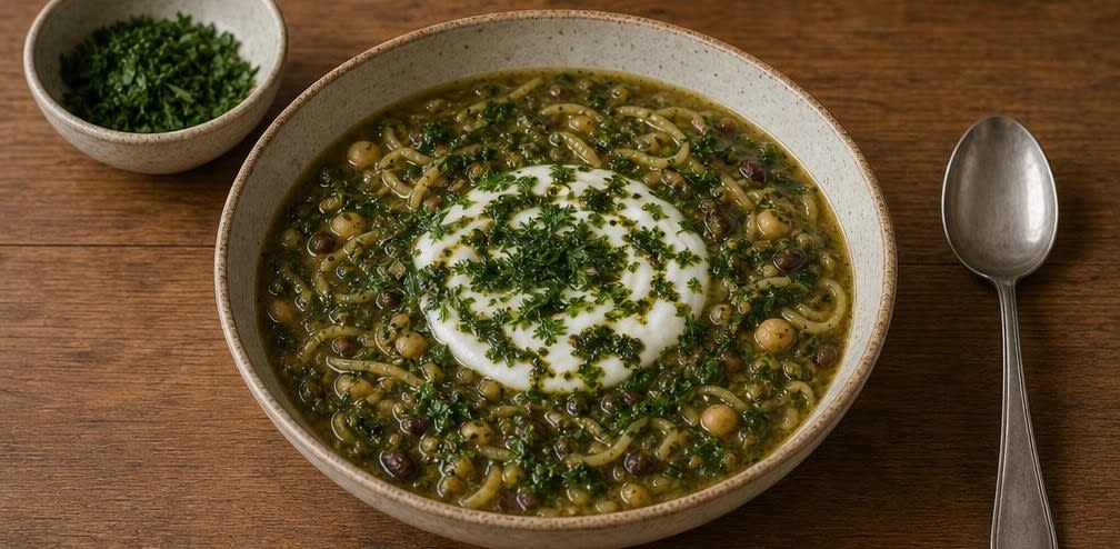 Ash-e Reshteh, Persische Kräuter- und Hülsenfrüchtesuppe – Zubereitung Schritt für Schritt – Anrichten