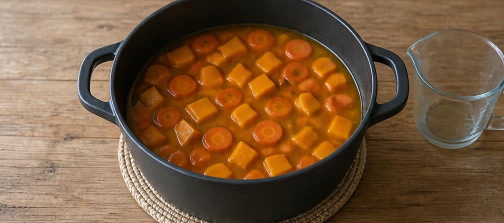 Marokkanischer Couscous mit Kürbis und Kichererbsen – Zubereitung Schritt für Schritt – Gemüse und Brühe hinzufügen