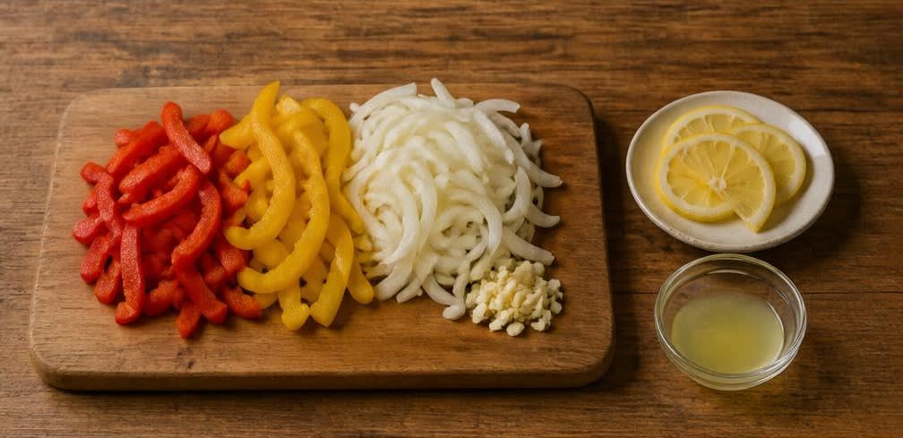 Marokkanische Fisch-Tajine mit Tomaten und Paprika – Zubereitung Schritt für Schritt – Gemüse und Zitrone vorbereiten