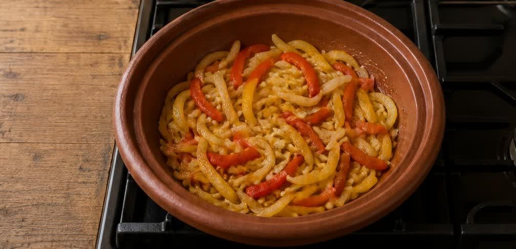 Marokkanische Fisch-Tajine mit Tomaten und Paprika – Zubereitung Schritt für Schritt – Gemüse andünsten
