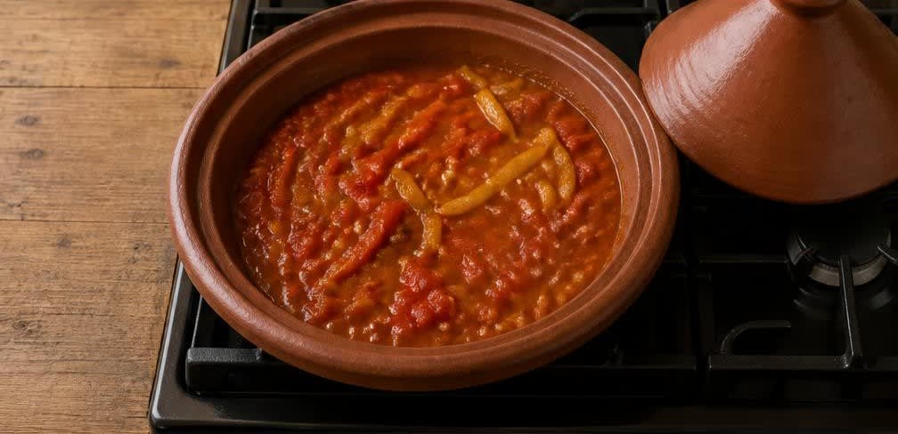 Marokkanische Fisch-Tajine mit Tomaten und Paprika – Zubereitung Schritt für Schritt – Soße köcheln lassen