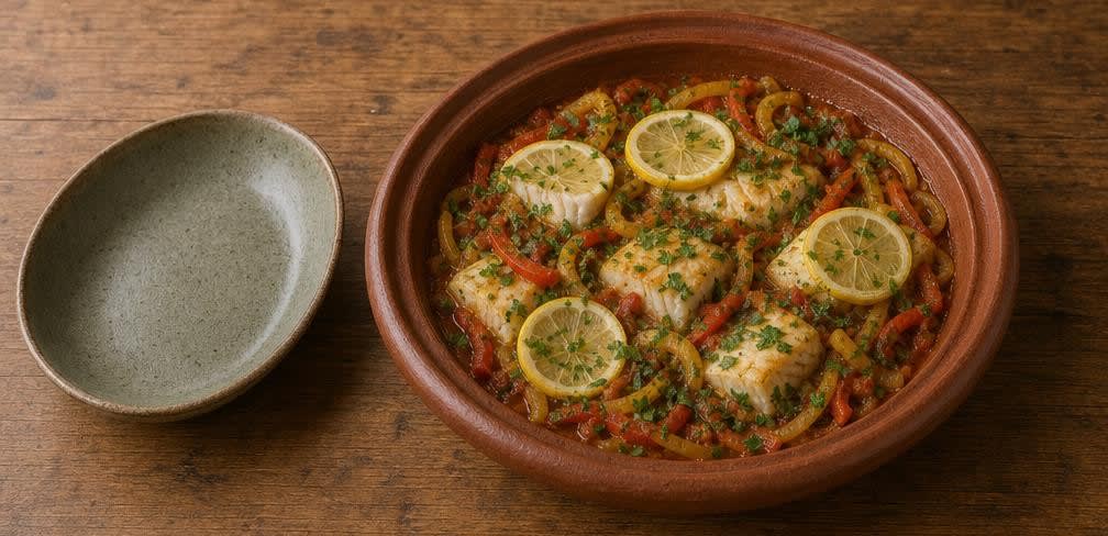 Marokkanische Fisch-Tajine mit Tomaten und Paprika – Zubereitung Schritt für Schritt – Anrichten