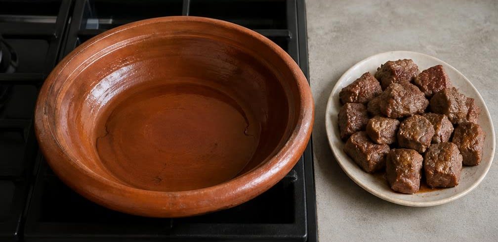 Marokkanische Rinder-Tajine mit Pflaumen und Mandeln – Zubereitung Schritt für Schritt – Fleisch anbraten