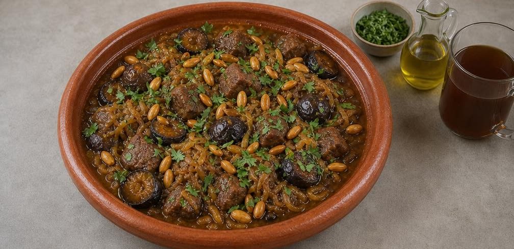 Marokkanische Rinder-Tajine mit Pflaumen und Mandeln – Zubereitung Schritt für Schritt – Anrichten