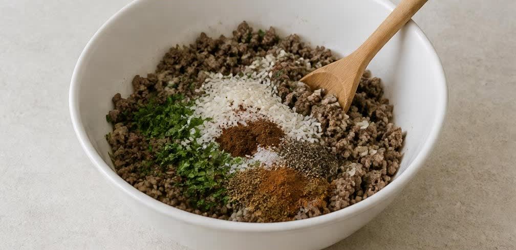 Libanesische gefüllte Zucchini mit würzigem Rinderhackfleisch – Zubereitung Schritt für Schritt – Füllung herstellen