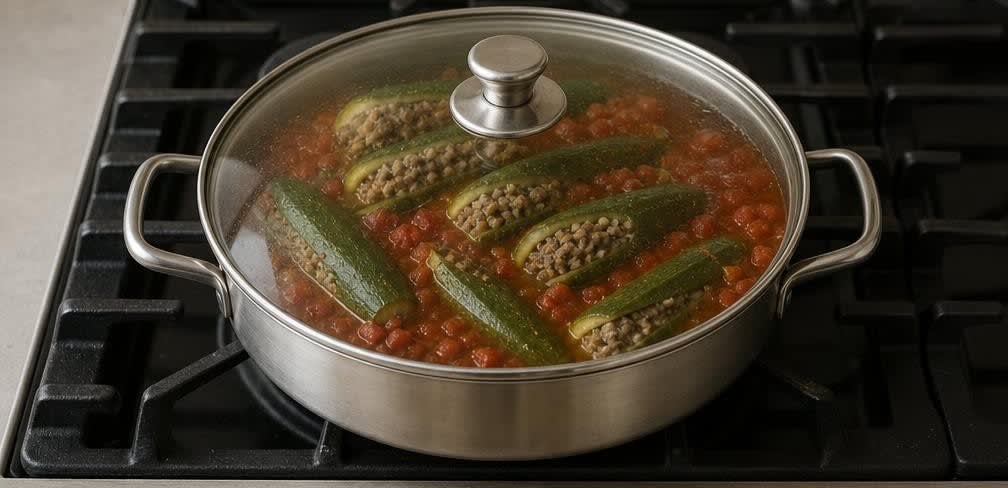 Libanesische gefüllte Zucchini mit würzigem Rinderhackfleisch – Zubereitung Schritt für Schritt – Zucchini schmoren