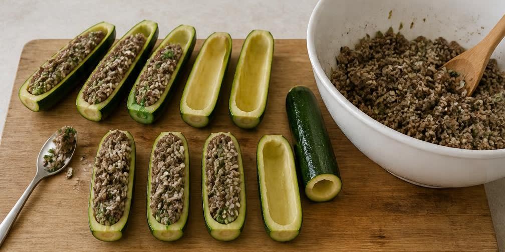 Libanesische gefüllte Zucchini mit würzigem Rinderhackfleisch – Zubereitung Schritt für Schritt – Zucchini füllen