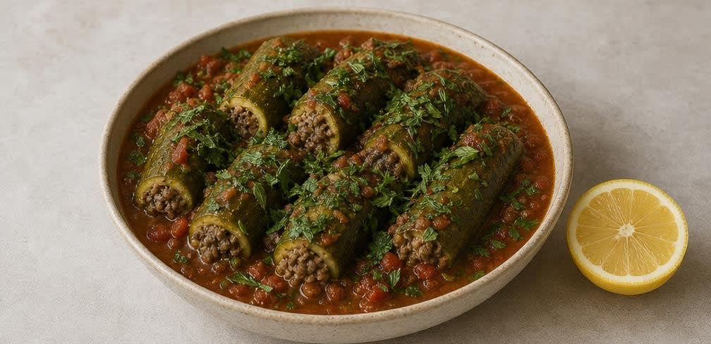 Libanesische gefüllte Zucchini mit würzigem Rinderhackfleisch – Zubereitung Schritt für Schritt – Anrichten