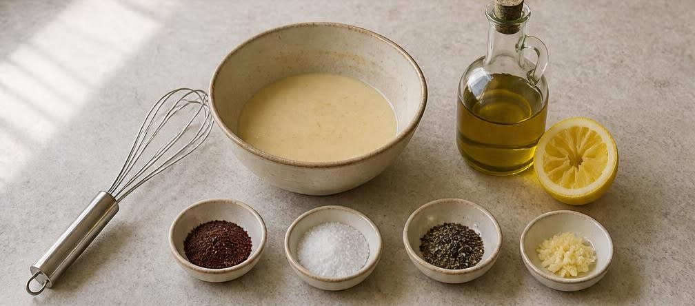 Knuspriger libanesischer Fattoush mit Olivenöl-Dressing – Zubereitung Schritt für Schritt – Dressing herstellen