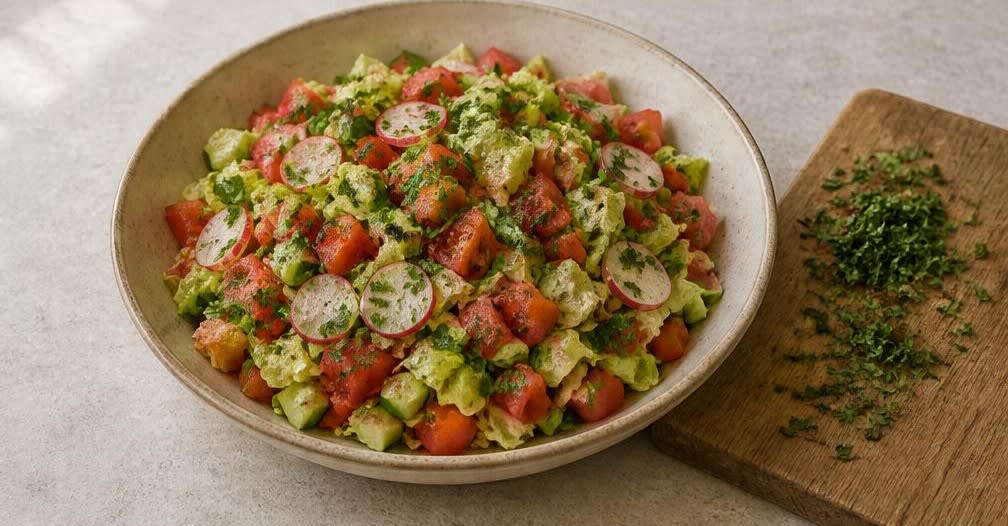 Knuspriger libanesischer Fattoush mit Olivenöl-Dressing – Zubereitung Schritt für Schritt – Kräuter untermischen