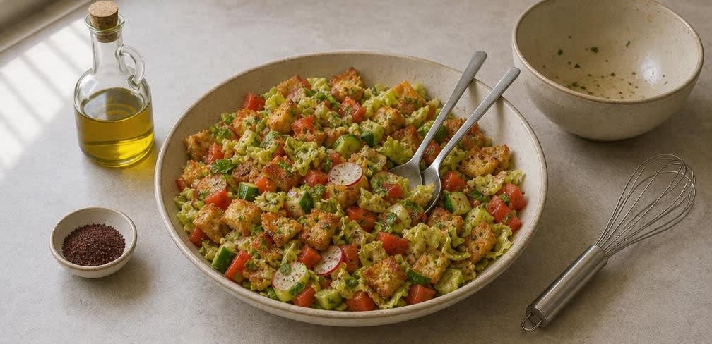 Knuspriger libanesischer Fattoush mit Olivenöl-Dressing – Zubereitung Schritt für Schritt – Salat anmachen