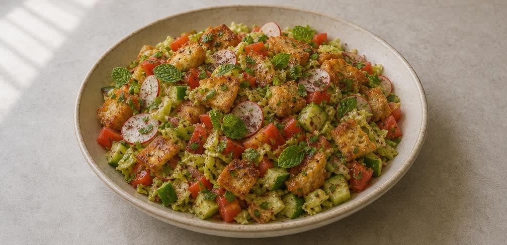 Knuspriger libanesischer Fattoush mit Olivenöl-Dressing – Zubereitung Schritt für Schritt – Anrichten
