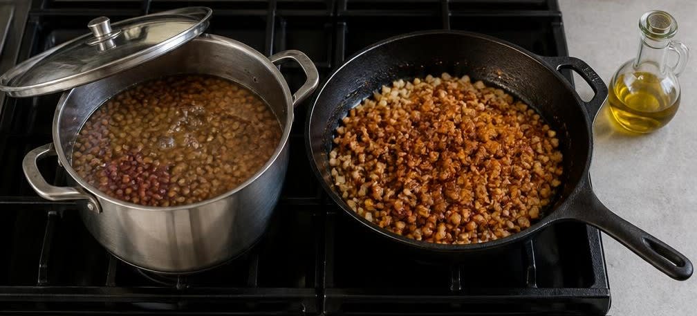Türkische gefüllte Auberginen mit würziger Linsenfüllung – Zubereitung Schritt für Schritt – Linsen kochen und Zwiebeln anbraten