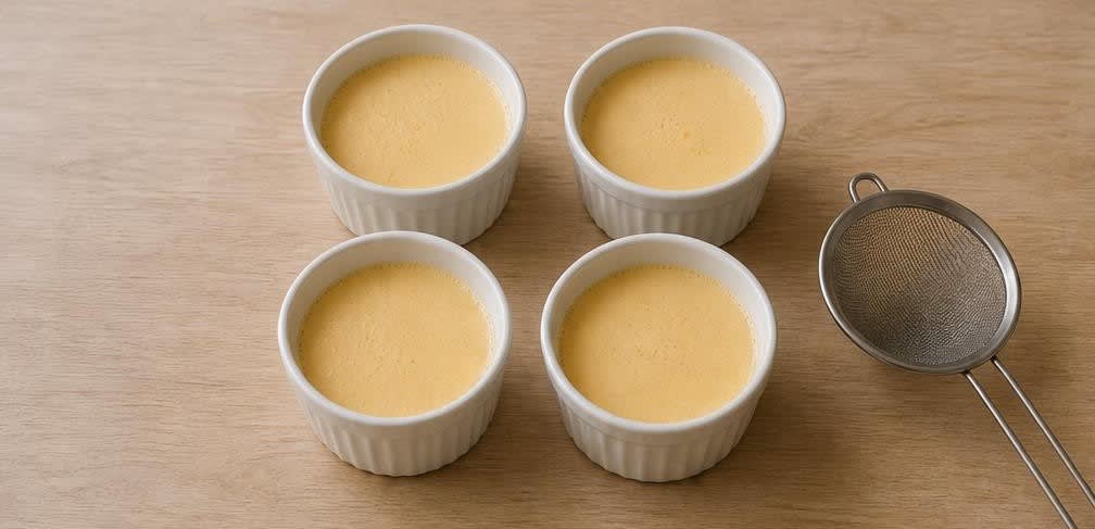Spanischer Flan mit echtem Karamell – Zubereitung Schritt für Schritt – Custard-Masse in Förmchen füllen