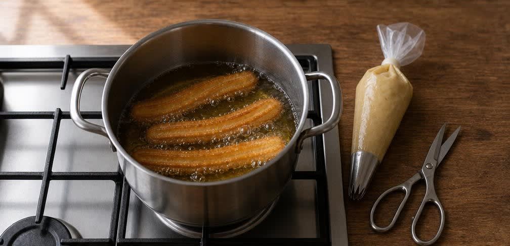 Spanische Churros mit dunkler Schokoladensauce – Zubereitung Schritt für Schritt – Churros frittieren
