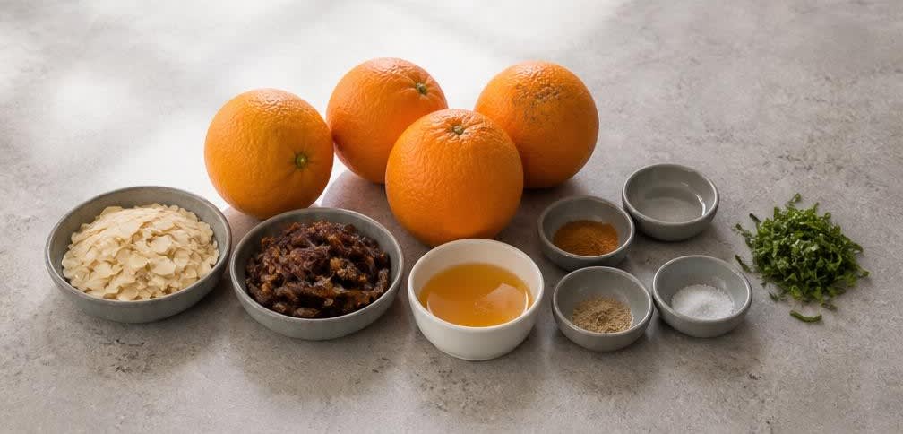 Marokkanische Orangen mit Zimt, Mandeln und Orangenblütenwasser – Zutaten