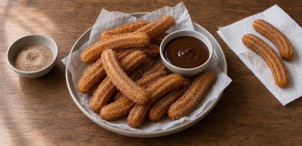 Spanische Churros mit dunkler Schokoladensauce – Zubereitung Schritt für Schritt – Churros anrichten