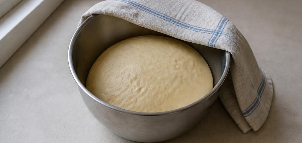 Klassischer Bienenstich mit Hefeansatz und Mandelkruste – Zubereitung Schritt für Schritt – Hauptteig kneten und gehen lassen