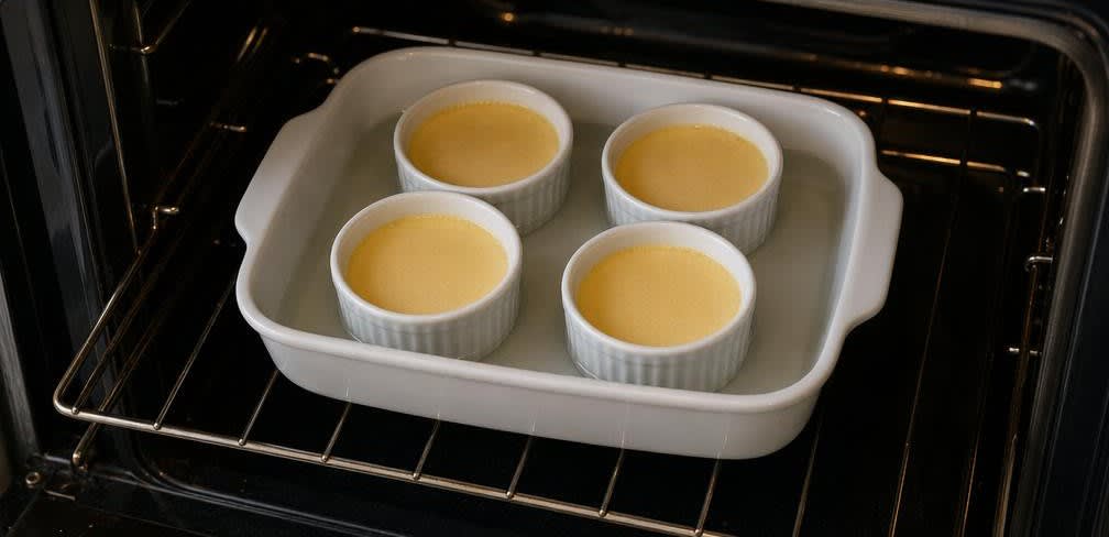 Klassische Crème Brûlée mit echtem Karamell – Zubereitung Schritt für Schritt – Im Ofen stocken lassen