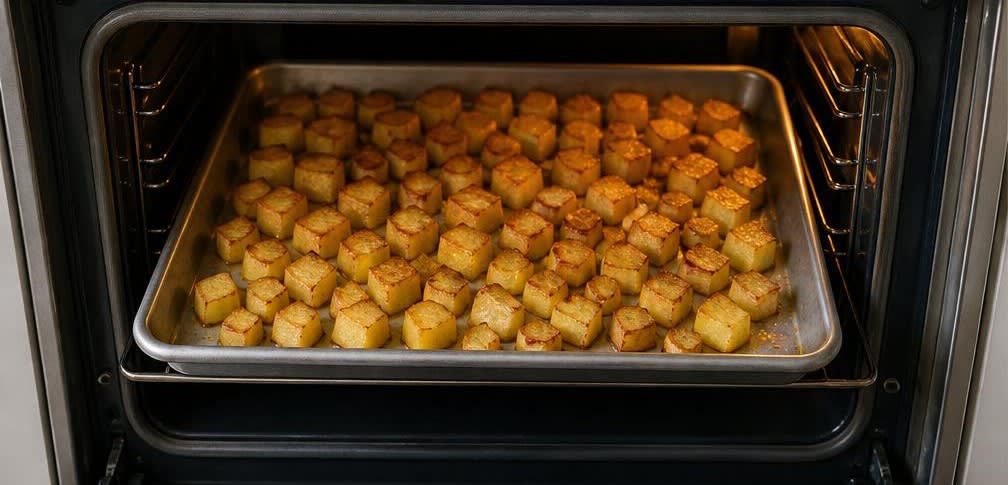 Patatas Bravas mit pikanter Tomatensauce und Aioli – Zubereitung Schritt für Schritt – Kartoffeln im Ofen rösten