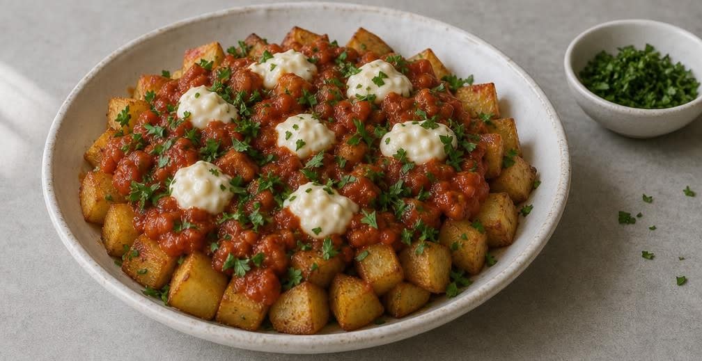 Patatas Bravas mit pikanter Tomatensauce und Aioli – Zubereitung Schritt für Schritt – Anrichten