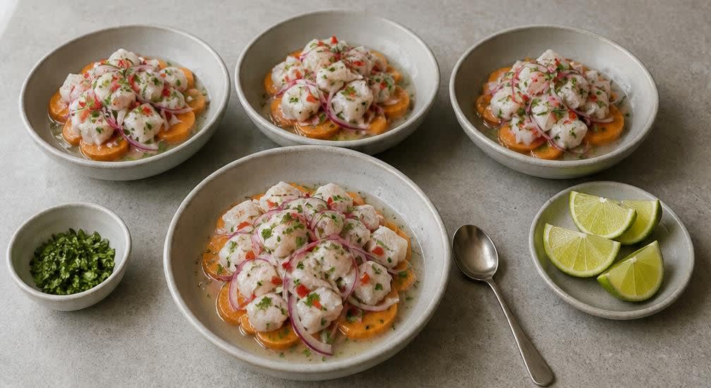 Peruanisches Kabeljau-Ceviche mit reichlich Limette – Zubereitung Schritt für Schritt – Koriander unterrühren und anrichten