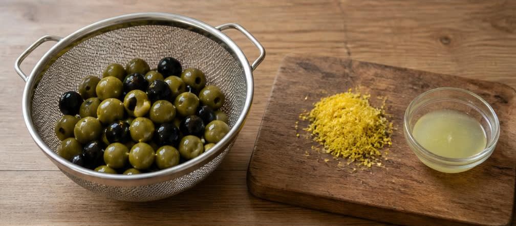 Würzig eingelegte mediterrane Oliven mit Zitrone und Kräutern – Zubereitung Schritt für Schritt – Oliven und Zitrone vorbereiten