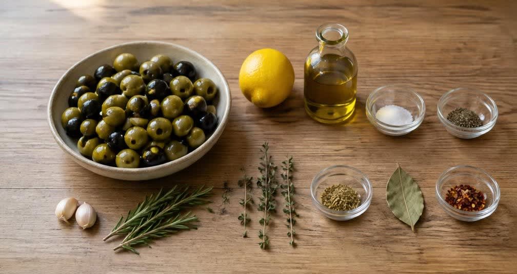 Würzig eingelegte mediterrane Oliven mit Zitrone und Kräutern – Zutaten