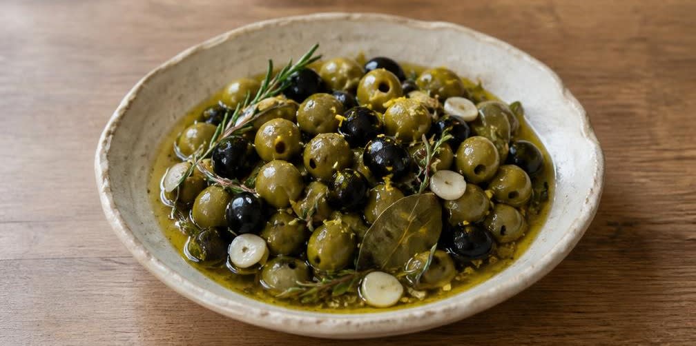 Würzig eingelegte mediterrane Oliven mit Zitrone und Kräutern – Zubereitung Schritt für Schritt – Anrichten