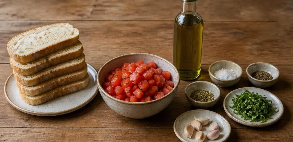 Klassische italienische Bruschetta mit reifen Tomaten und Olivenöl – Zutaten