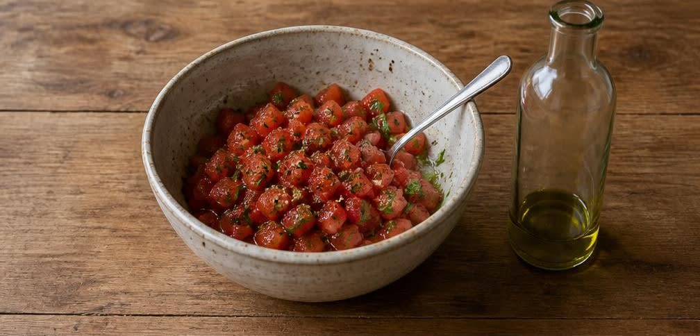 Klassische italienische Bruschetta mit reifen Tomaten und Olivenöl – Zubereitung Schritt für Schritt – Tomatenmischung herstellen