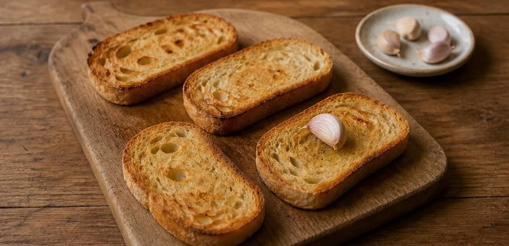 Klassische italienische Bruschetta mit reifen Tomaten und Olivenöl – Zubereitung Schritt für Schritt – Brot mit Knoblauch einreiben