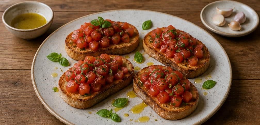 Klassische italienische Bruschetta mit reifen Tomaten und Olivenöl – Zubereitung Schritt für Schritt – Bruschetta anrichten