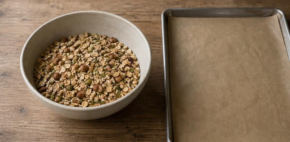 Klassisches amerikanisches Honig-Nuss-Granola – Zubereitung Schritt für Schritt – Trockene Zutaten mischen