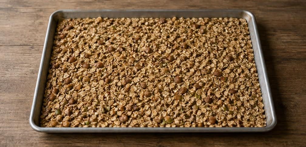 Klassisches amerikanisches Honig-Nuss-Granola – Zubereitung Schritt für Schritt – Granola auf Blech verteilen
