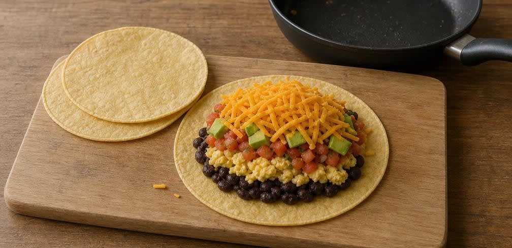 Mexikanischer Breakfast Burrito mit Rührei und frisch geriebenem Cheddar – Zubereitung Schritt für Schritt – Tortillas erwärmen und belegen
