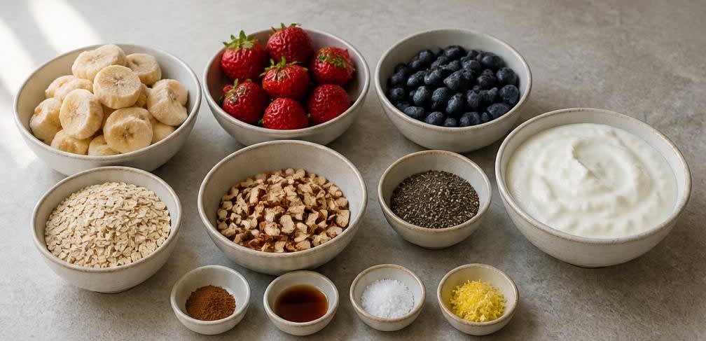 Beeren-Bananen-Smoothie-Bowl mit Hafer-Nuss-Crunch – Zutaten