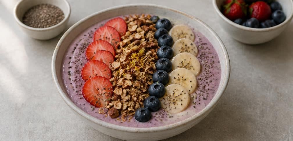 Beeren-Bananen-Smoothie-Bowl mit Hafer-Nuss-Crunch – Zubereitung Schritt für Schritt – Anrichten und servieren