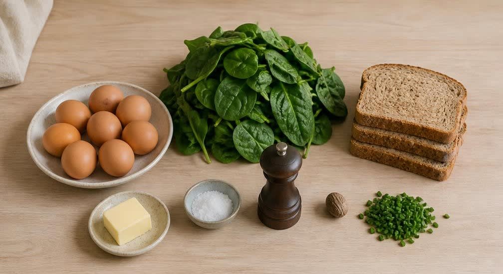 Cremiges Rührei auf blanchiertem Blattspinat – Zutaten